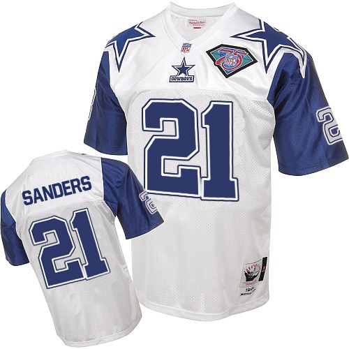 Men's Authentic Deion Sanders 75th Patch Mitchell and Ness Jersey White Road - #21 Throwback NFL Dallas Cowboys